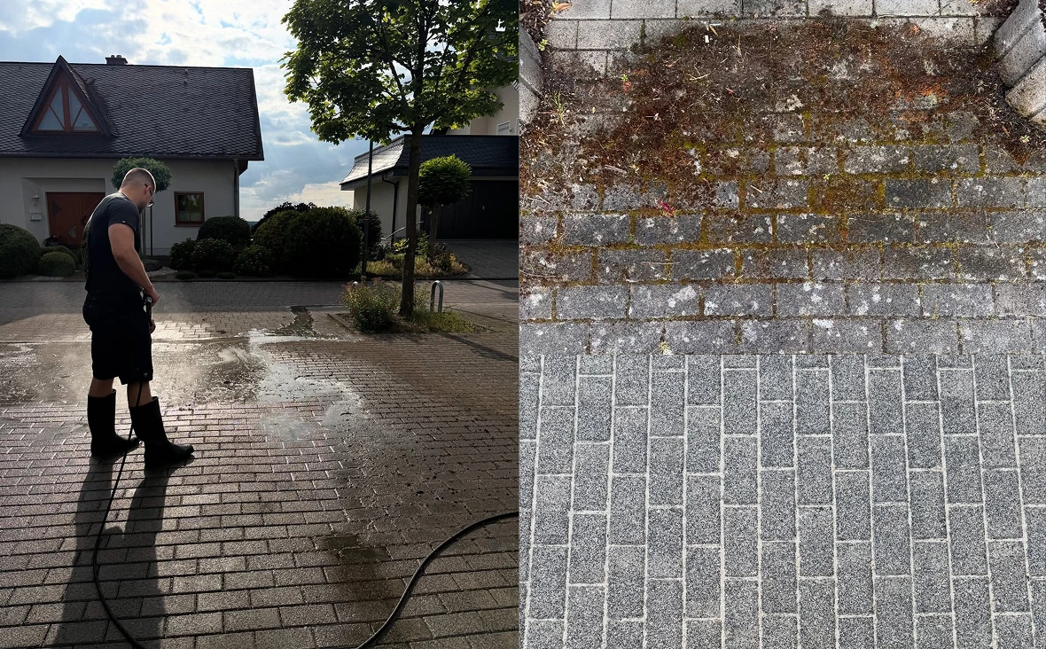 Vorher-Nachher-Vergleich einer gereinigten Einfahrt